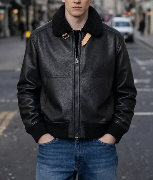 Callum Turner Black Leather Bomber Jacket - Front