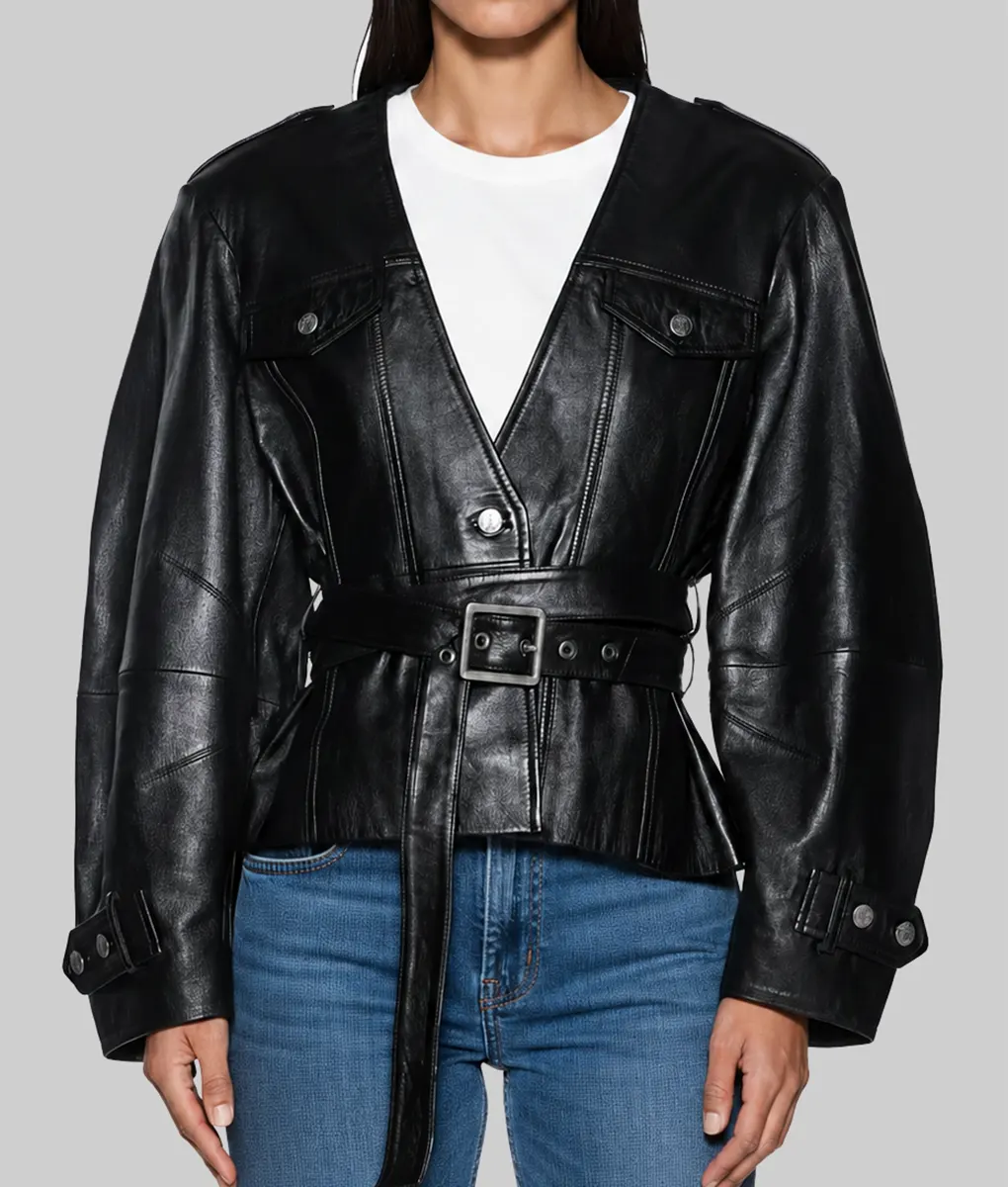 Alicia Keys Oversized Black Leather Jacket - Front