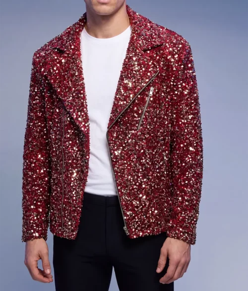Mens Red Double Rider Sequin Jacket - Front