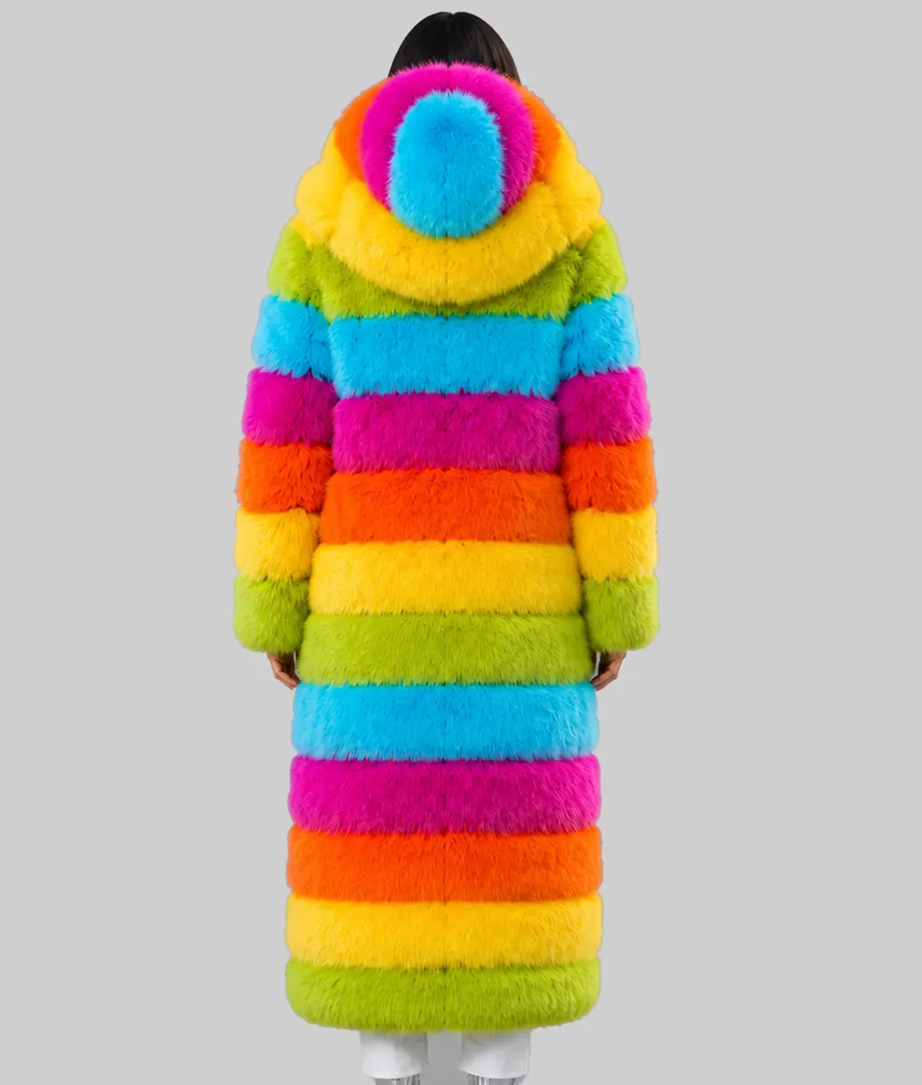 Womens Rainbow Faux Fur Coat - Back