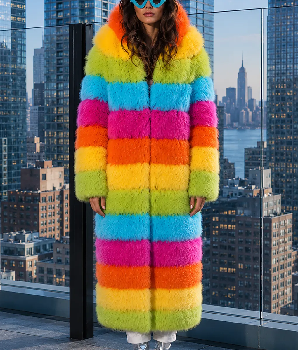Womens Rainbow Faux Fur Coat - Front Close View