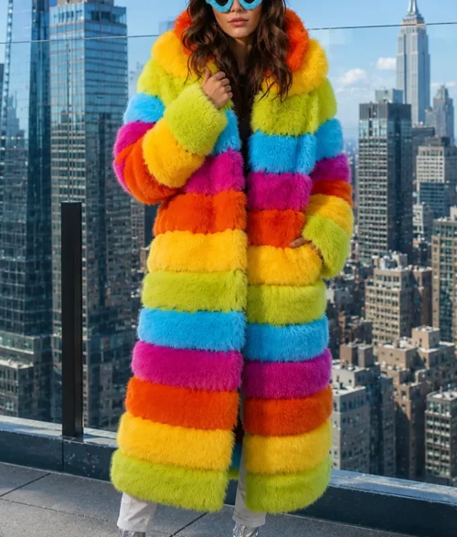 Womens Rainbow Faux Fur Coat - Front Open View