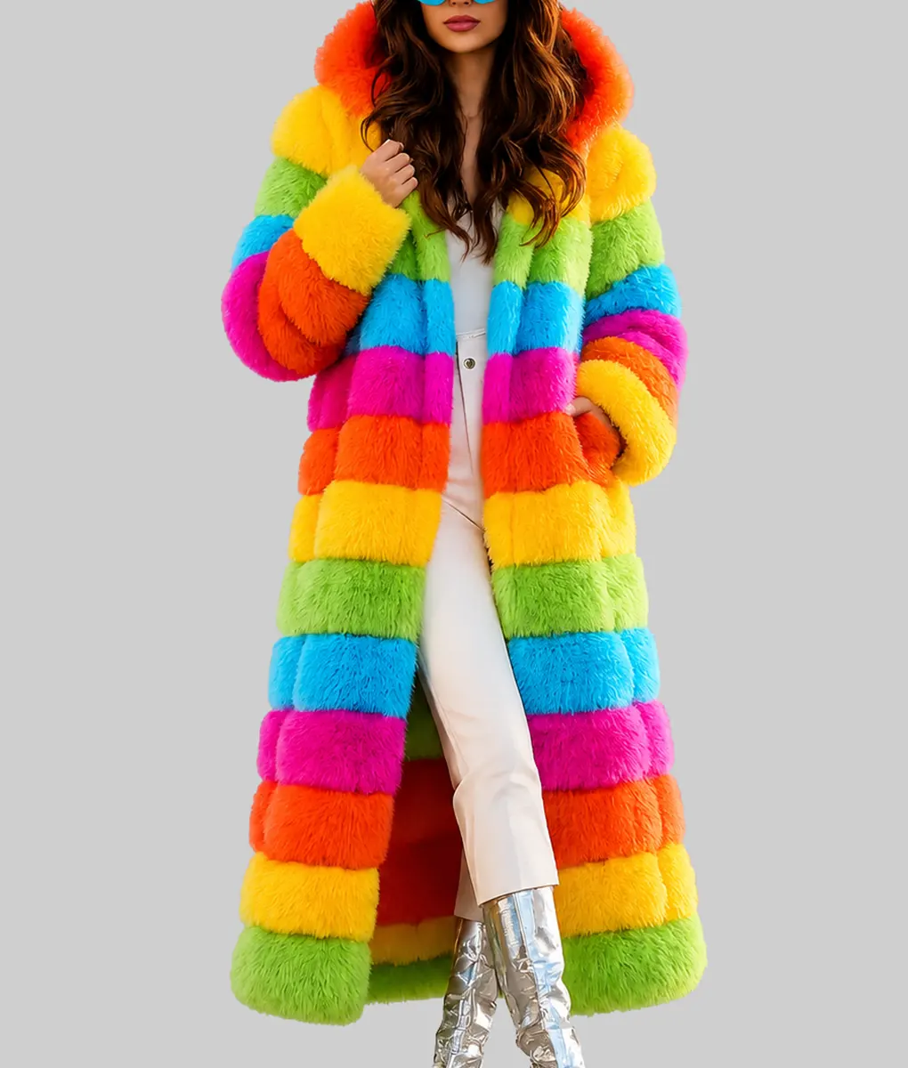 Womens Rainbow Faux Fur Coat - Front