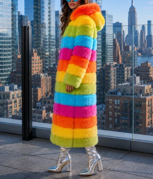 Womens Rainbow Faux Fur Coat - Side View
