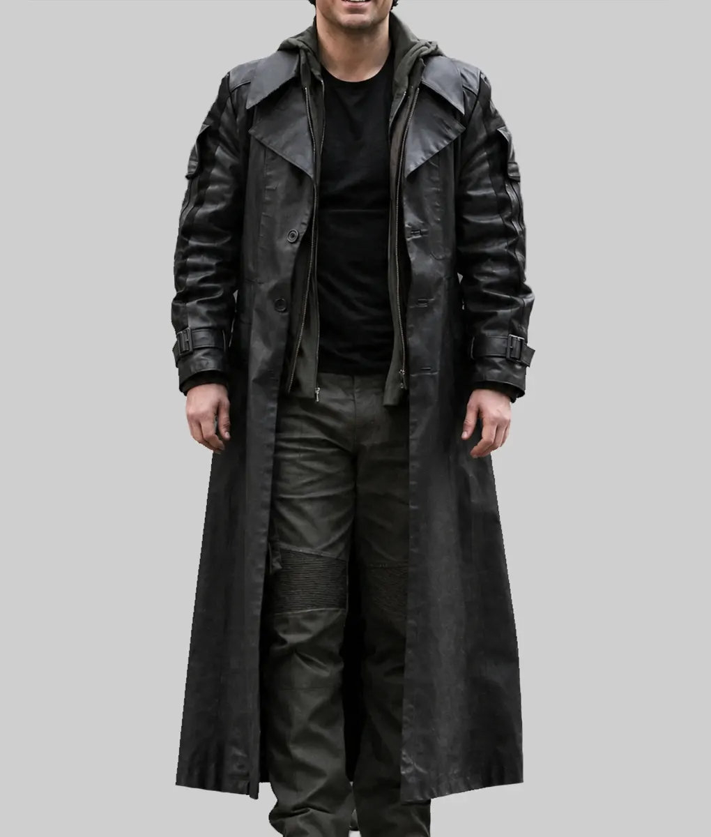 Highlander Henry Cavill Black Leather Trench Coat - Front