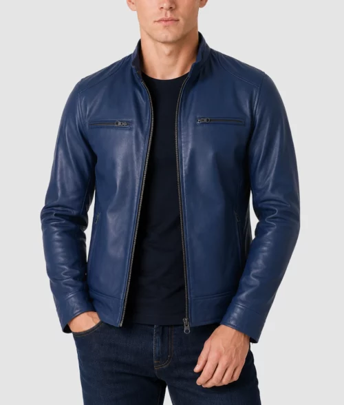Mens Classic Blue Café Racer Leather Jacket - Front