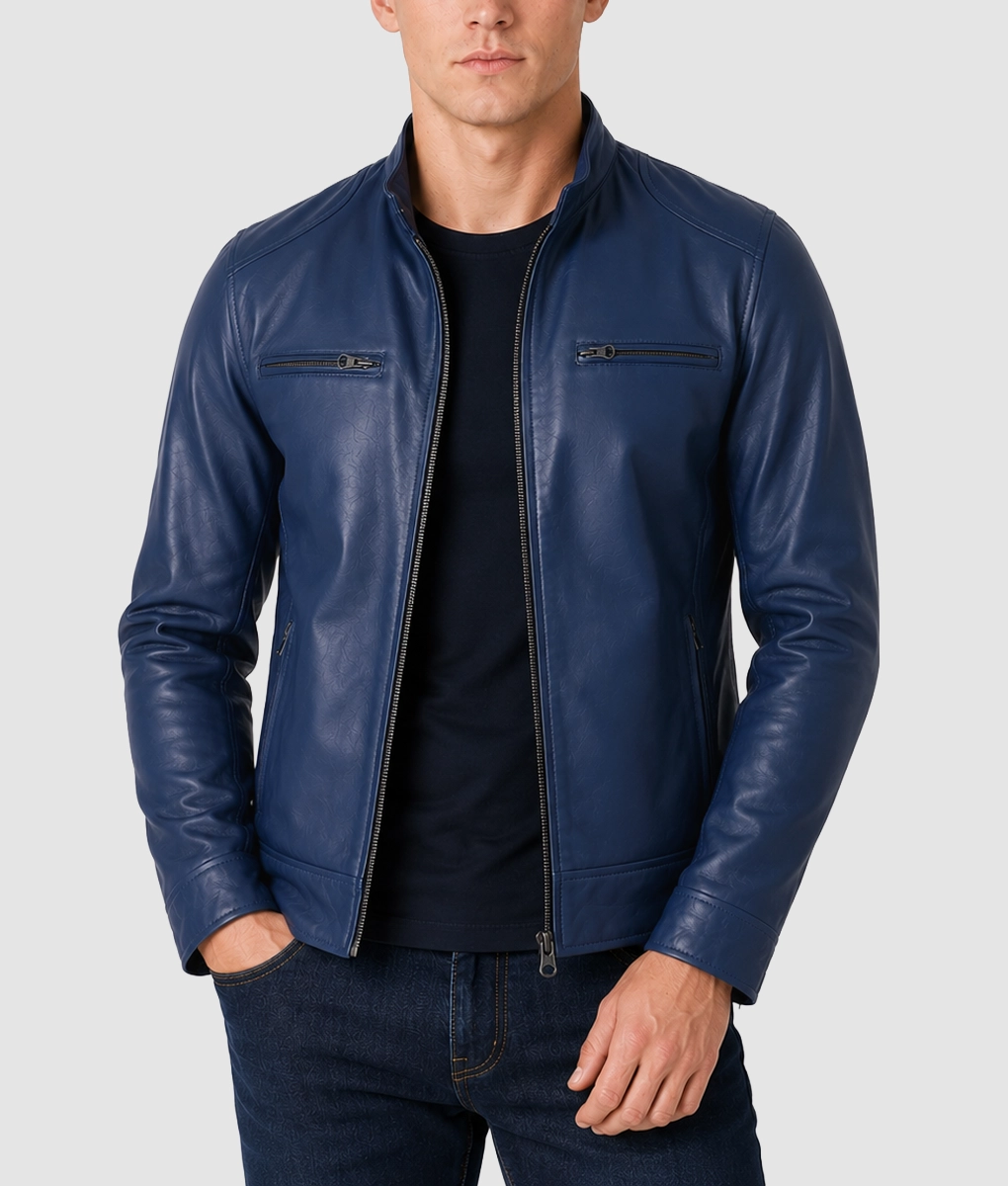 Mens Classic Blue Café Racer Leather Jacket - Front