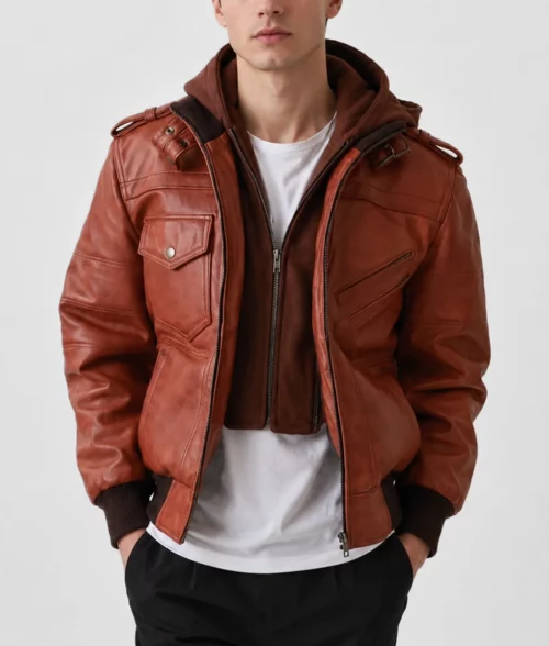 Mens Cognac Leather Hooded Brown Bomber Jacket - Front