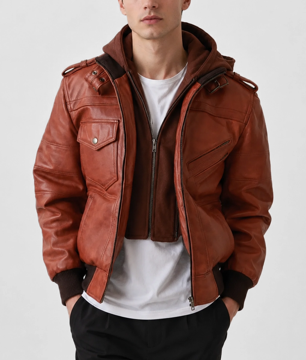 Mens Cognac Leather Hooded Brown Bomber Jacket - Front
