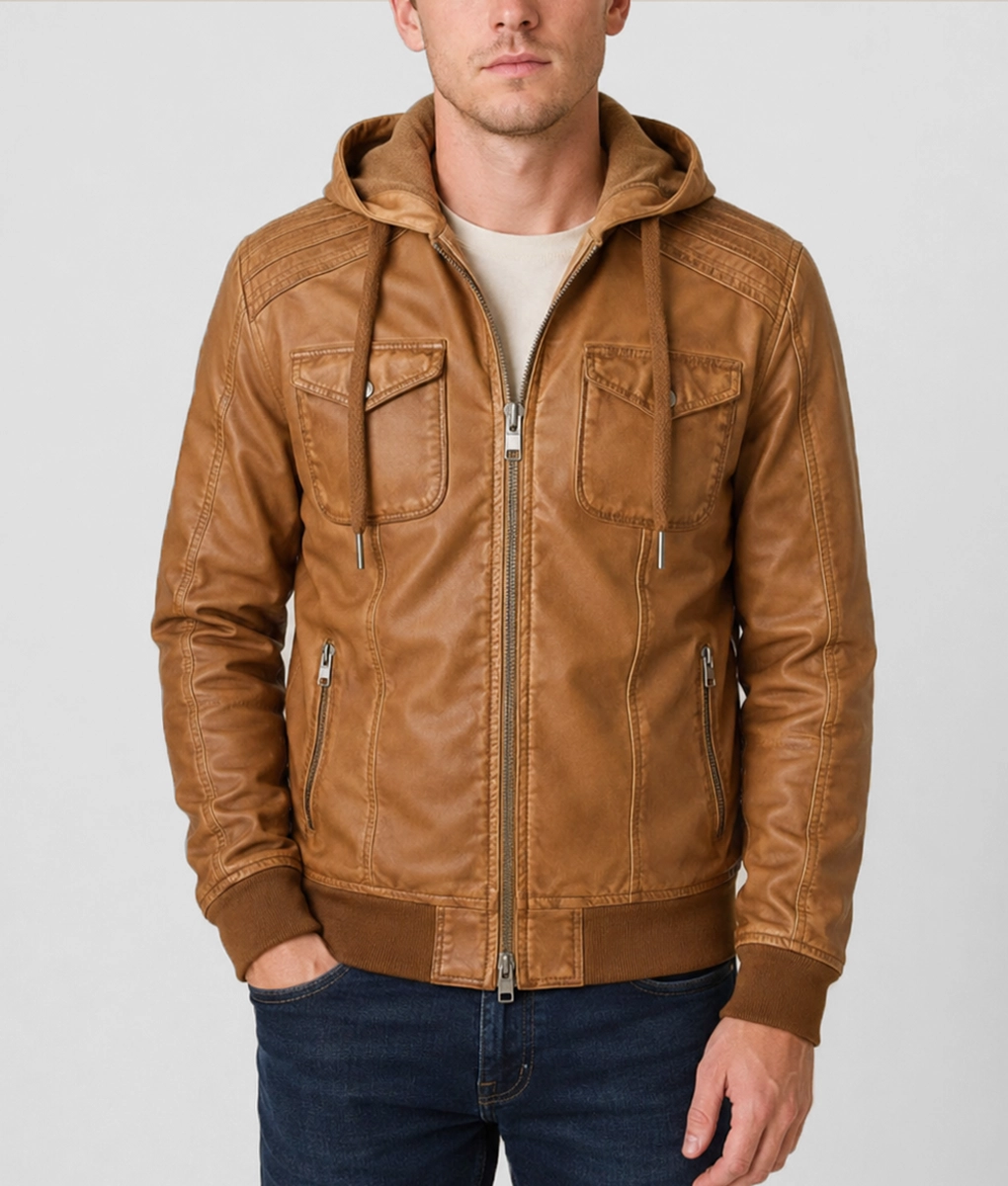 Mens Khaki Leather Hooded Bomber Jacket - Front