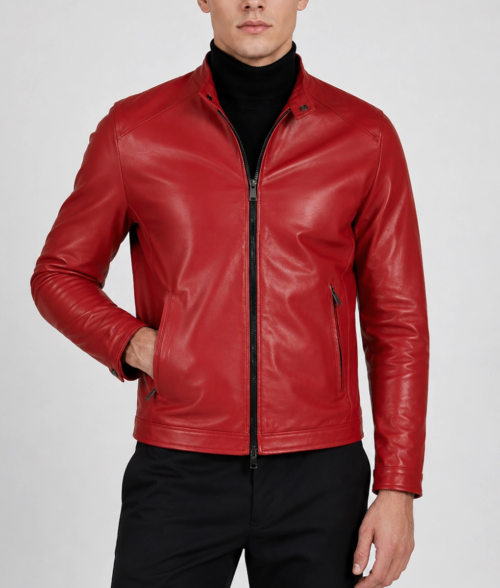 Mens Luxury Red Leather Caf&eacute; Racer Jacket - Front 2