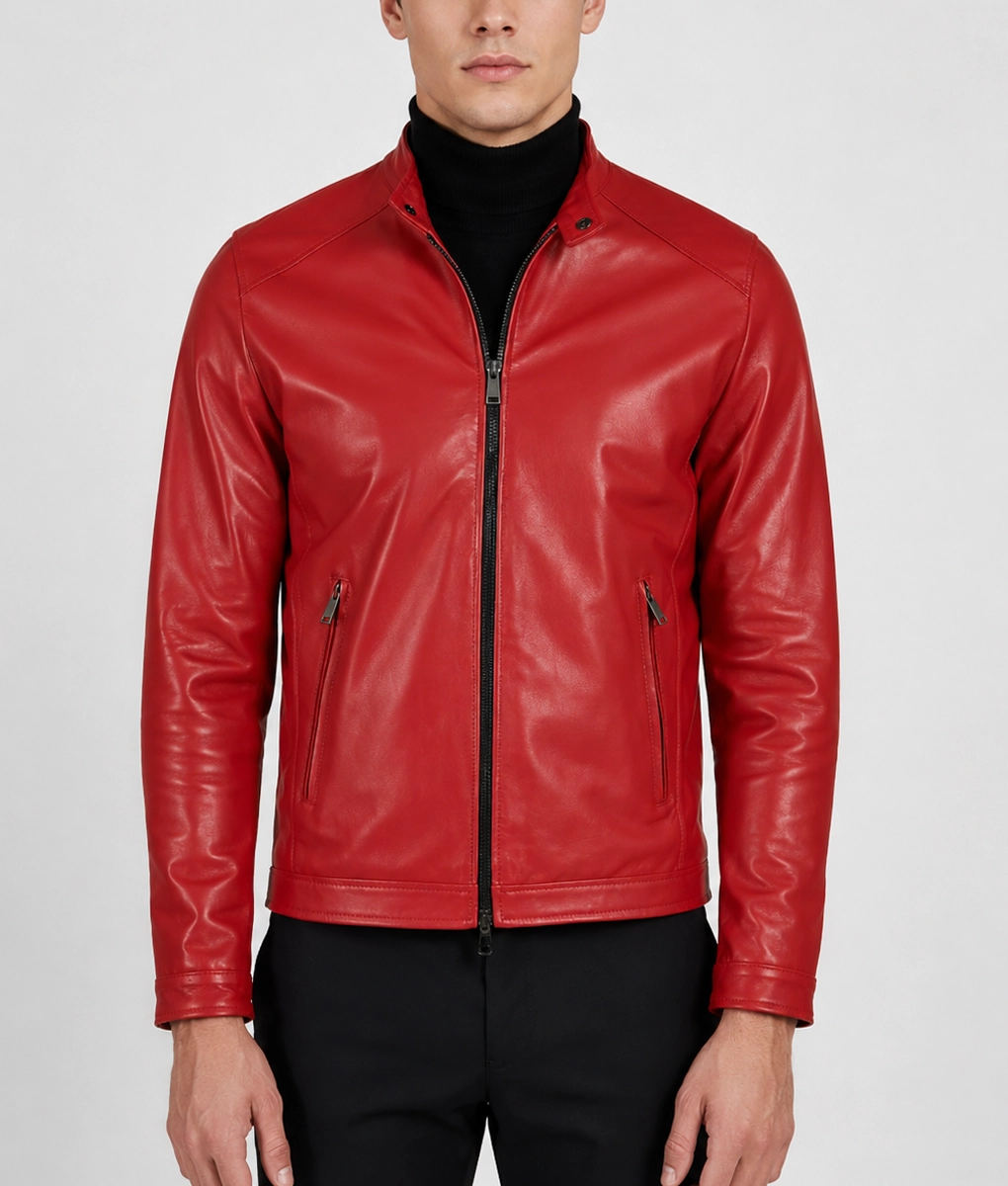 Mens Luxury Red Leather Caf&eacute; Racer Jacket - Front