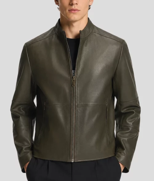 Mens Olive Green Leather Caf&eacute; Racer Jacket - Front