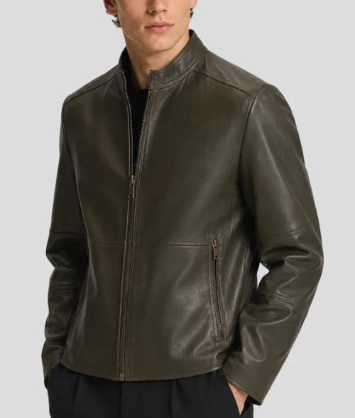 Mens Olive Green Leather Caf&eacute; Racer Jacket - Side