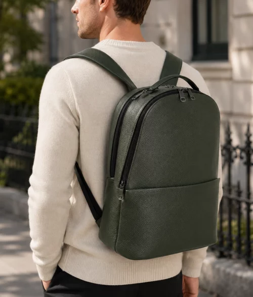 Men's Olive Green Leather Laptop Backpack (2)