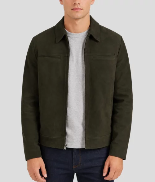 Mens Olive Green Suede Trucker Jacket - Front 2