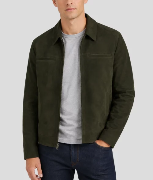 Mens Olive Green Suede Trucker Jacket - Front
