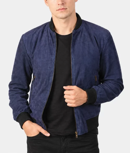 Mens Premium Suede Blue Bomber Jacket - Front