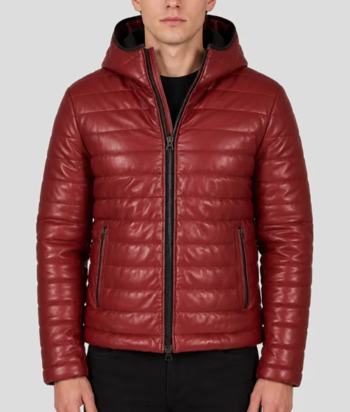 Mens Red Leather Hooded Winter Jacket - Front