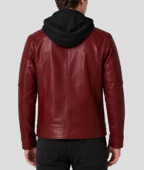 Mens Removable Hood Biker Red Leather Jacket - Back