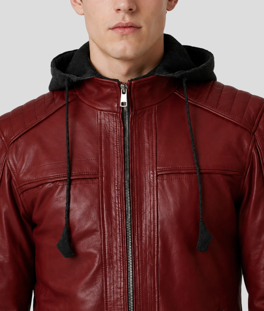 Mens Removable Hood Biker Red Leather Jacket - Collar