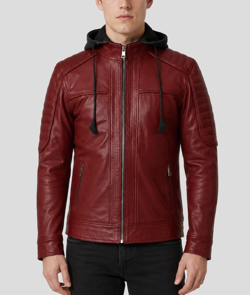Mens Removable Hood Biker Red Leather Jacket - Front