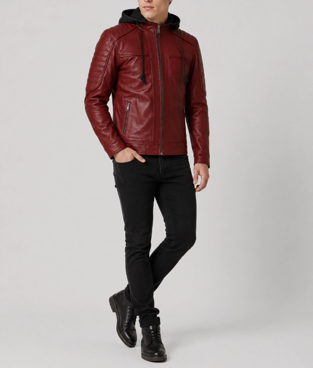 Mens Removable Hood Biker Red Leather Jacket - Full