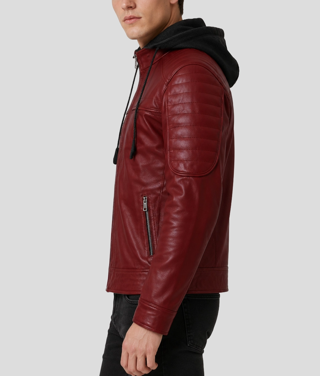 Mens Removable Hood Biker Red Leather Jacket - Side