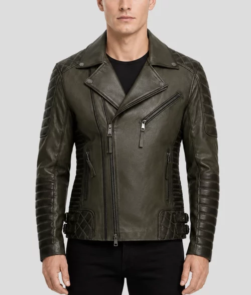 Mens Slim Fit Olive Green Double Rider Jacket - Front