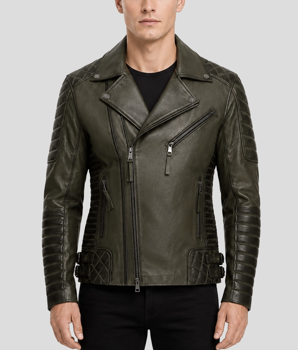 Mens Slim Fit Olive Green Double Rider Jacket - Front