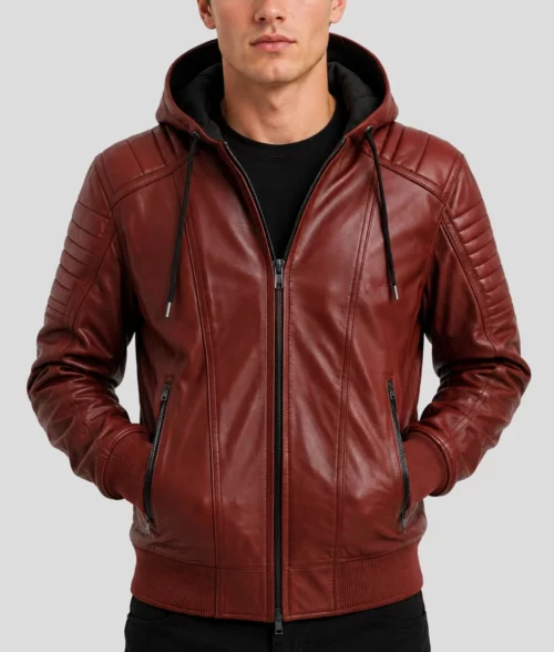 Mens Urban Red Leather Hooded Jacket - Front
