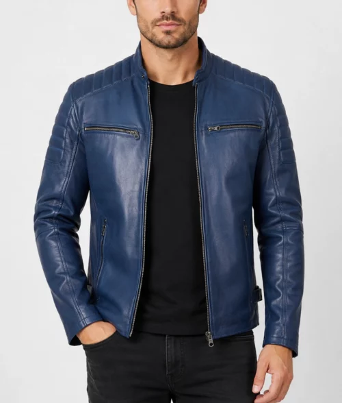 Mens Vintage Blue Leather Motorcycle Jacket - Front