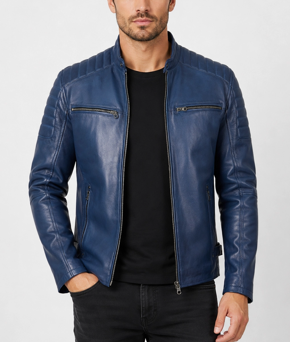 Mens Vintage Blue Leather Motorcycle Jacket - Front