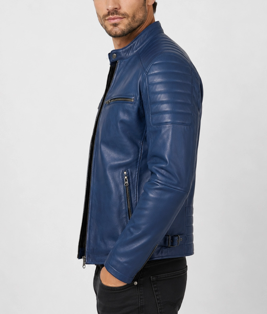 Mens Vintage Blue Leather Motorcycle Jacket - Side