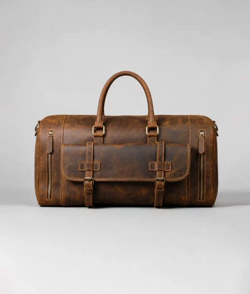 Men's Vintage Brown Leather Overnight Duffle Bag
