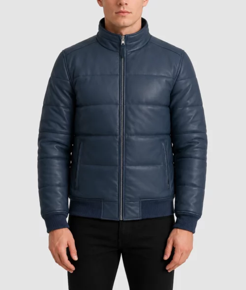 Mens Warm Blue Leather Puffer Jacket - Front