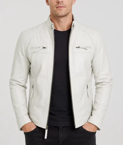 Mens White Leather Café Racer Jacket - Front