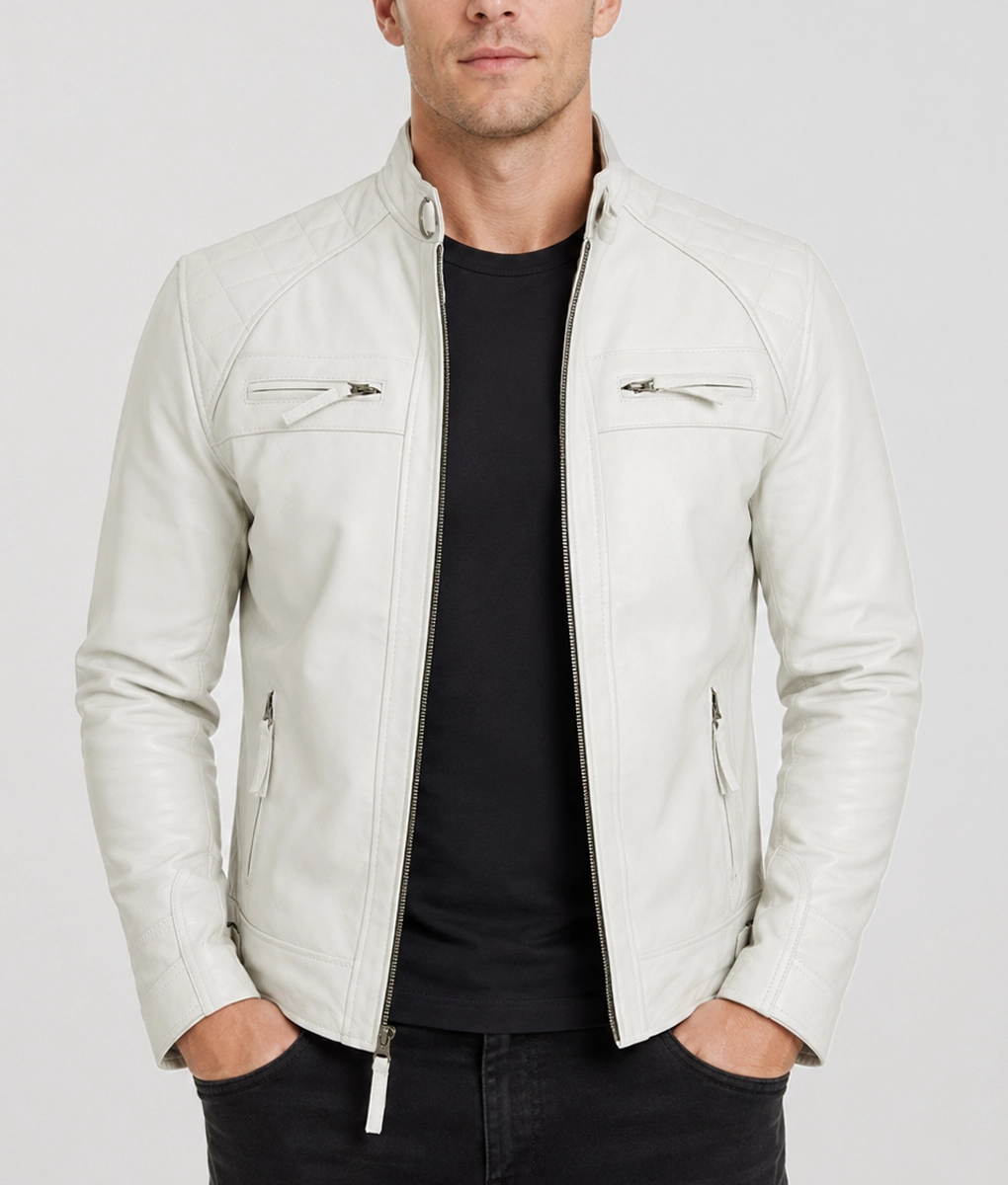 Mens White Leather Café Racer Jacket - Front