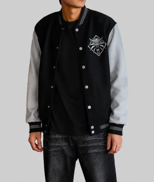 The Witcher 3 Black and Grey Varsity Jacket - Front Male