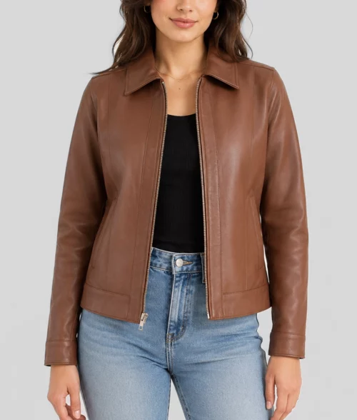 Womens Classic Tan Leather Zip-Up Jacket - Front