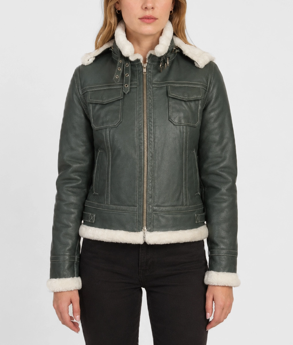 Womens Dark Green Shearling Leather Aviator Jacket - Front