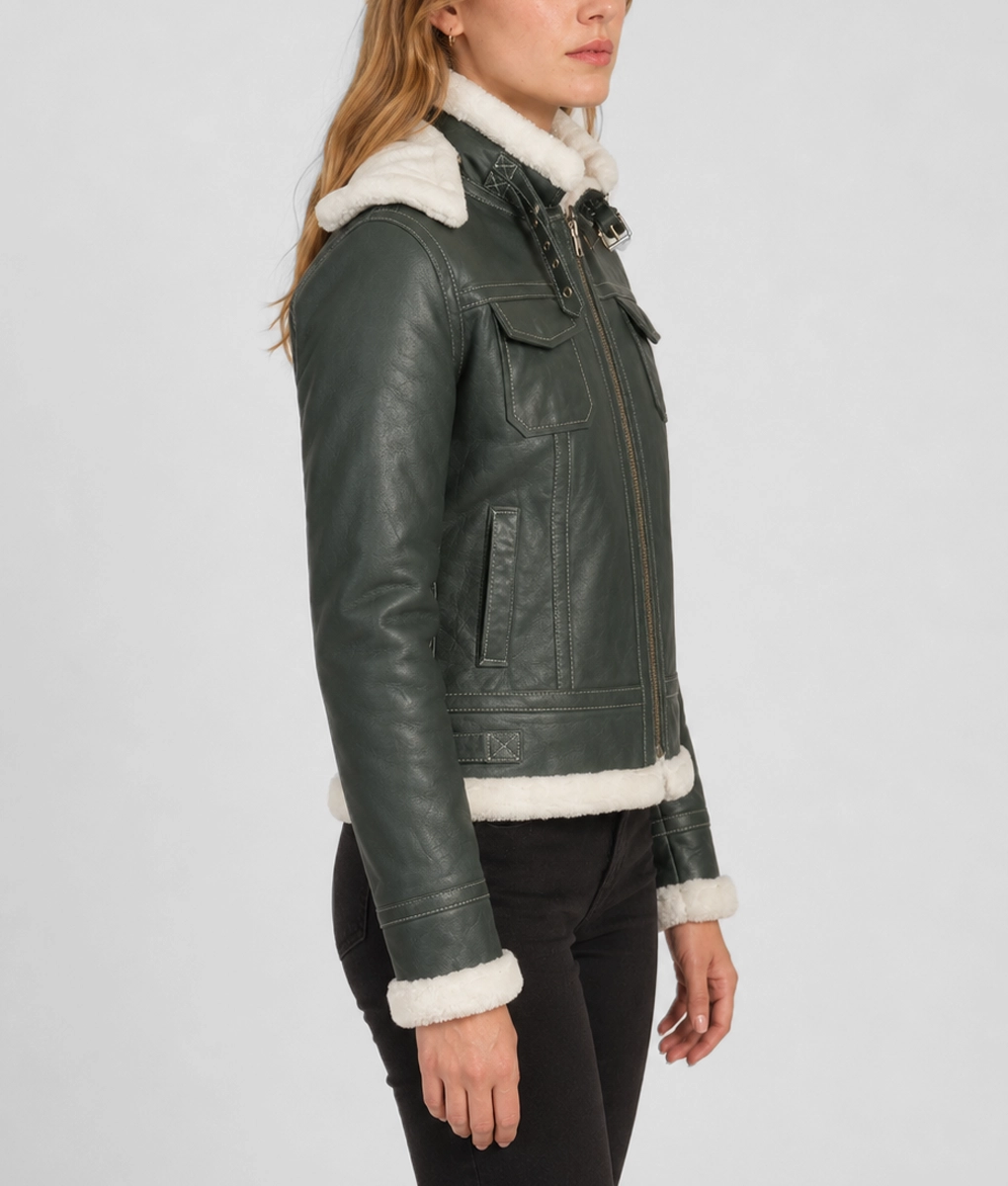 Womens Dark Green Shearling Leather Aviator Jacket - Side