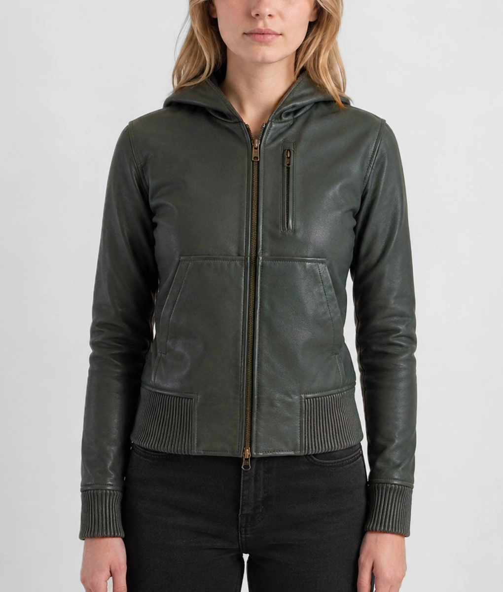 Womens Dark Olive Leather Hooded Jacket - Front