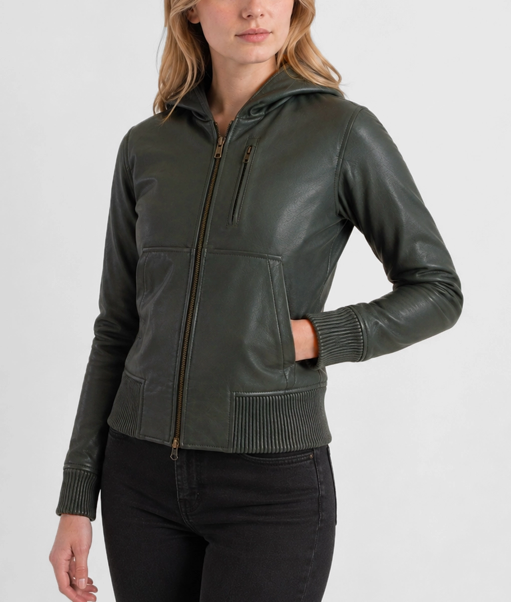 Womens Dark Olive Leather Hooded Jacket - Left