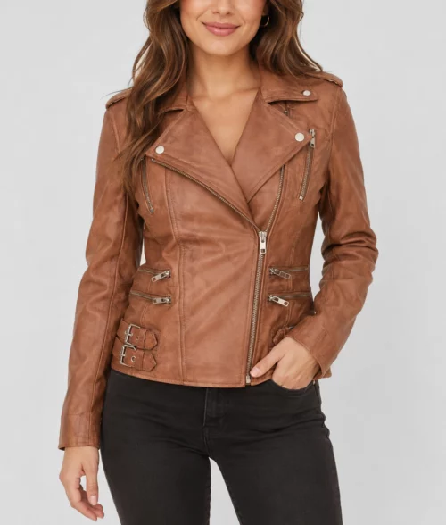 Womens Double Buckle Tan Leather Jacket - Front