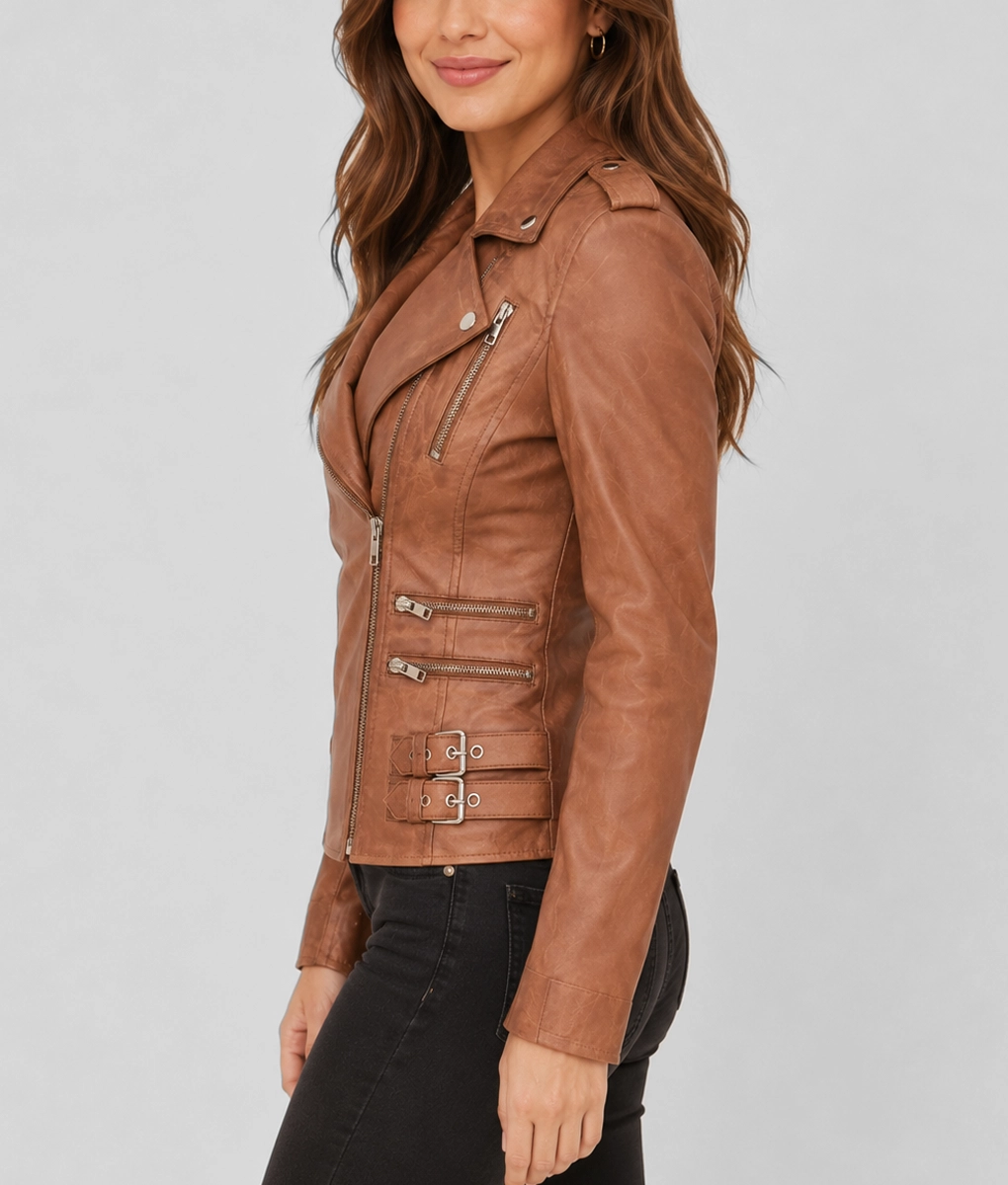 Womens Double Buckle Tan Leather Jacket - Side