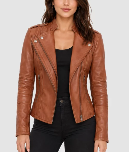 Womens Fittted Tan Leather Biker Jacket - Front