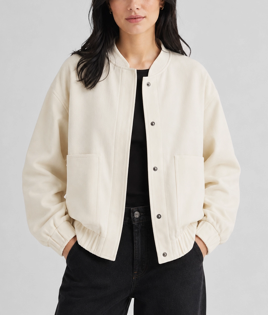Womens Ivory Snap Front Bomber Jacket - Front 2