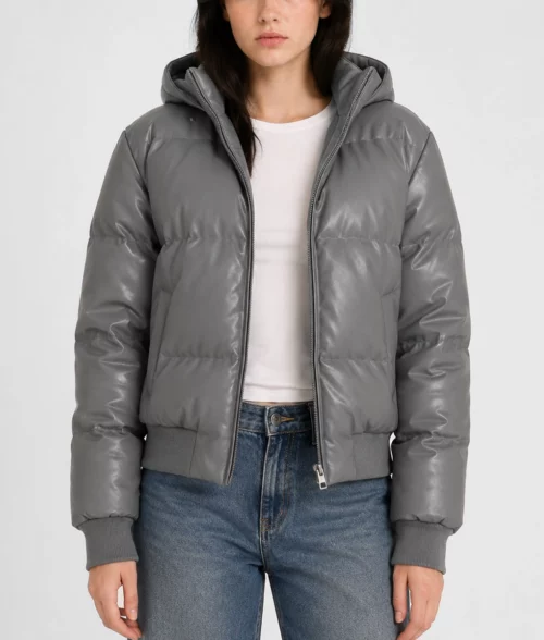 Womens Lightweight Grey Hooded Puffer Jacket - Front