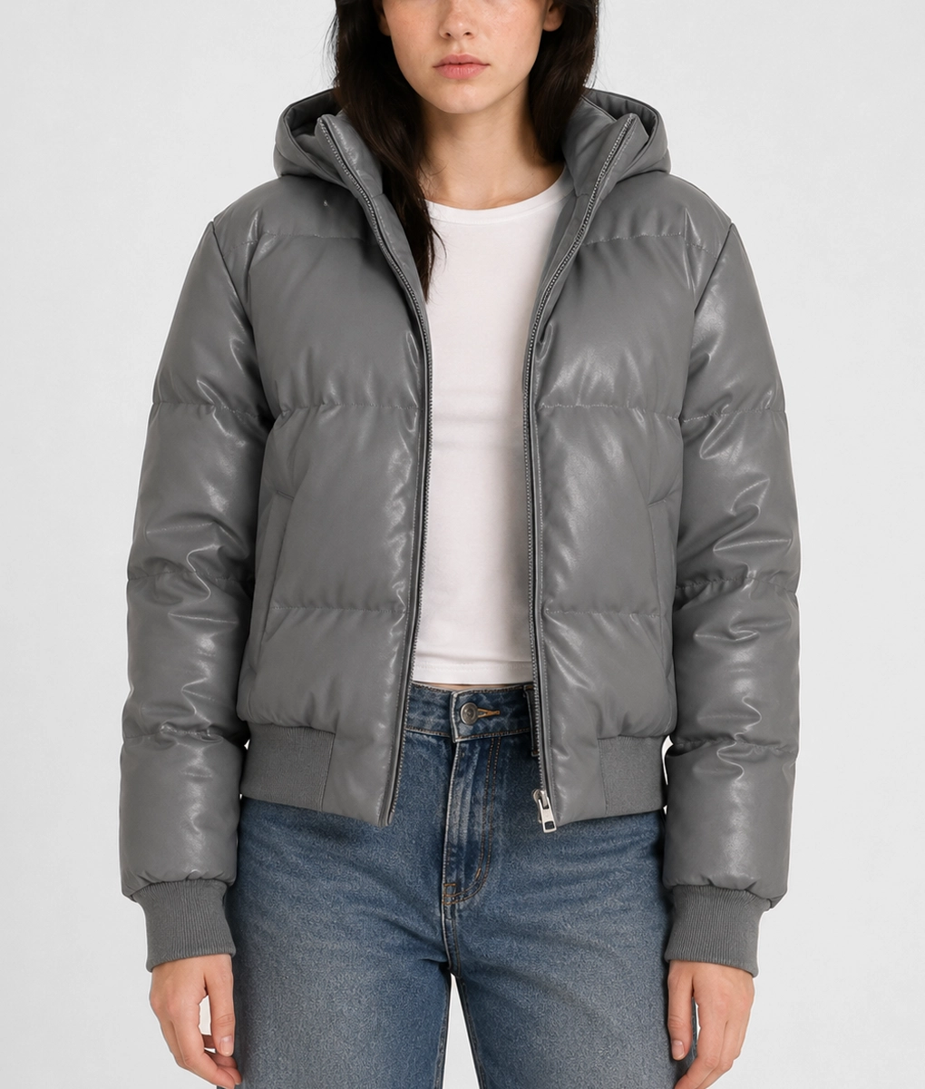 Womens Lightweight Grey Hooded Puffer Jacket - Front